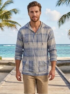 Tommy Bahama Blue Striped Hooded Long Sleeve Pullover Men’s Shirt XL